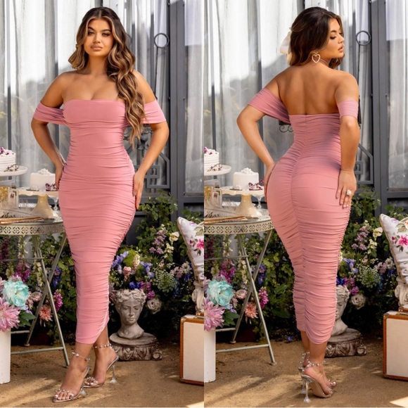 NWT Club L London Lost For Words Nude Bardot Draped Ruched Midi Dress Pink 14 - Picture 1 of 7